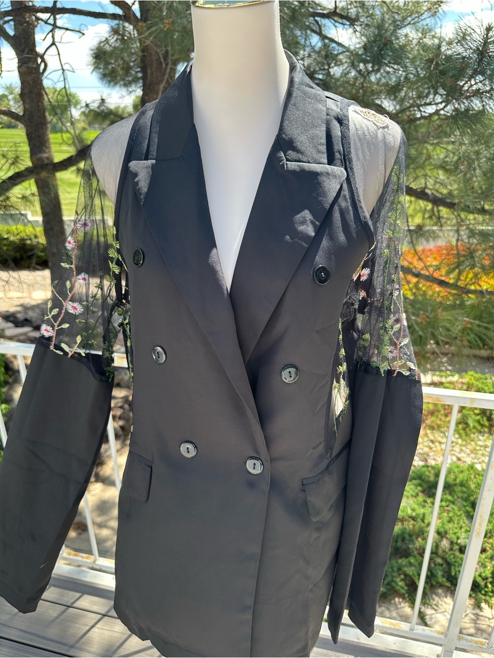 Women's Black Double-Breasted Blazer Coat with Sheer Embroidered Sleeves